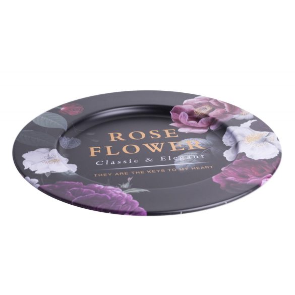 Tálca kör alakú bádog rózsás 33cm