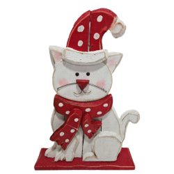 Cica mikulás sapkában fa 43x10x60cm