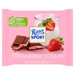   Ritter sport epres, sovány joghurtoskrémmel (41%) és eperdarabokkal (1%) töltött tejcsokoládé