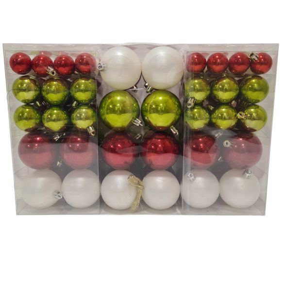 Gömb dobozban műanyag fehér, zöld, piros 3cm, 4cm, 6cm S/100