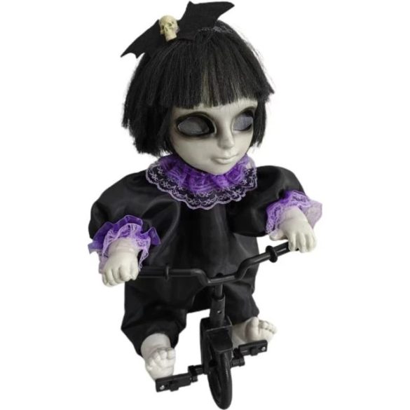 Halloween kislány biciklivel mozgó, zenélő műanyag, textil 20x20x37cm