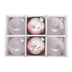 Gömb dombor mintával, glitter dekorral, akasztós 8 cm S/6