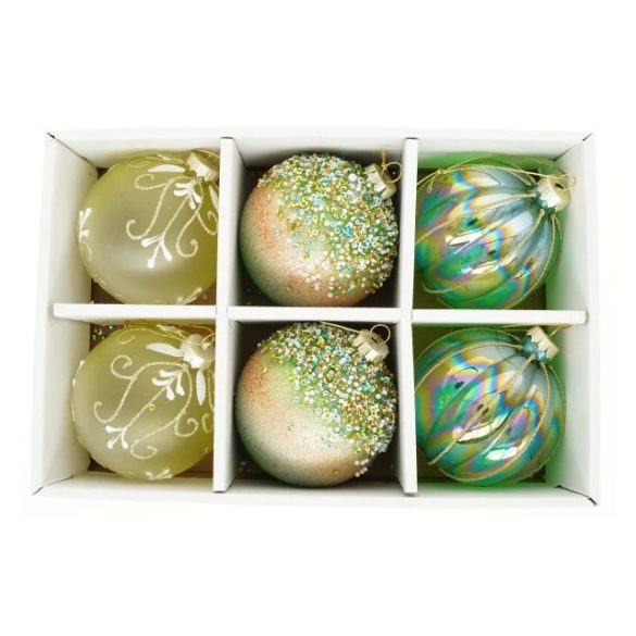Gömb irizáló, glitter dekorral, vonal mintával, akasztós 8 cm S/6