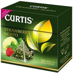    Termékleírás Tee Curtis Epres Mojito zöld tea frissítő, gyümölcsös majito és bogyós ízzel piramis alakú filterben.