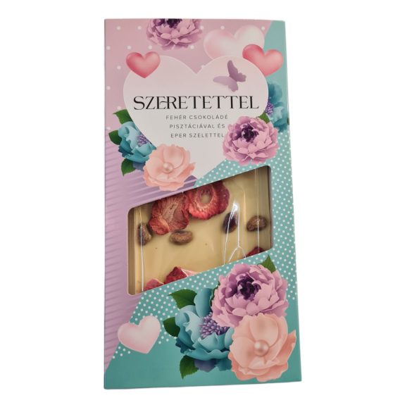 Szeretettel táblás fehér csokoládé pisztáciával és eper szelettel 100g