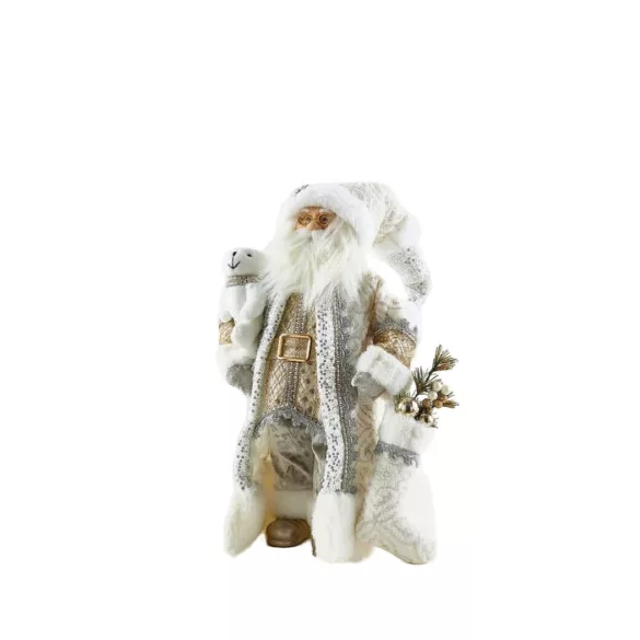 Télapó ajándékokkal textil fehér 46cm